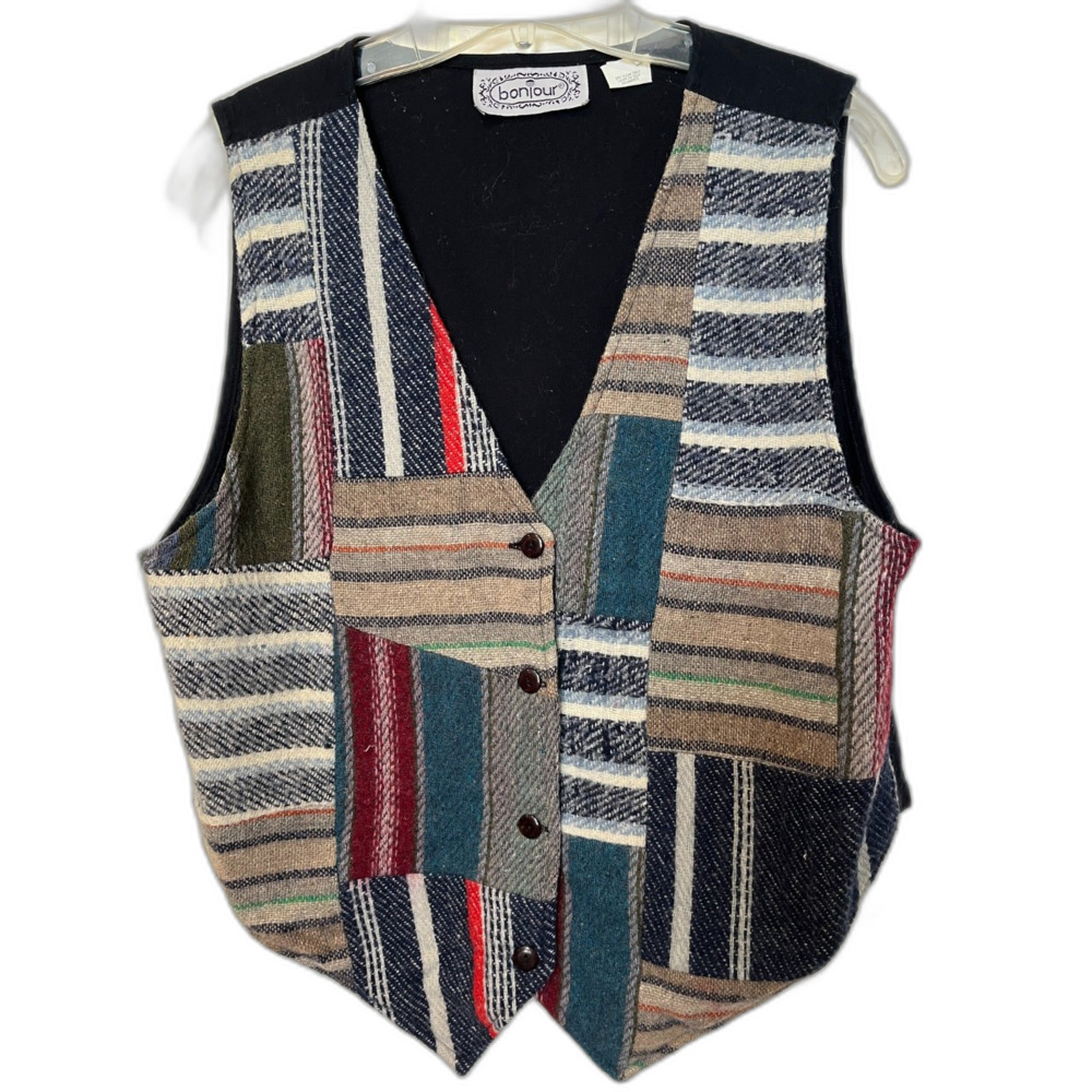 Vintage Bon Jour Wool Blend Patchwork Vest Women’s L 90s Style Boho